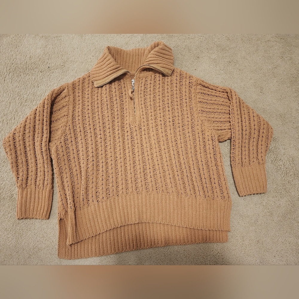 Aerie Tan Loose Knit Women's Zip-Neck Collared Cozy Sweater Size Large Oversized